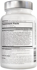 Bottle with lemon and orange powder accents from Amen Fruits for a tasty daily supplement.
