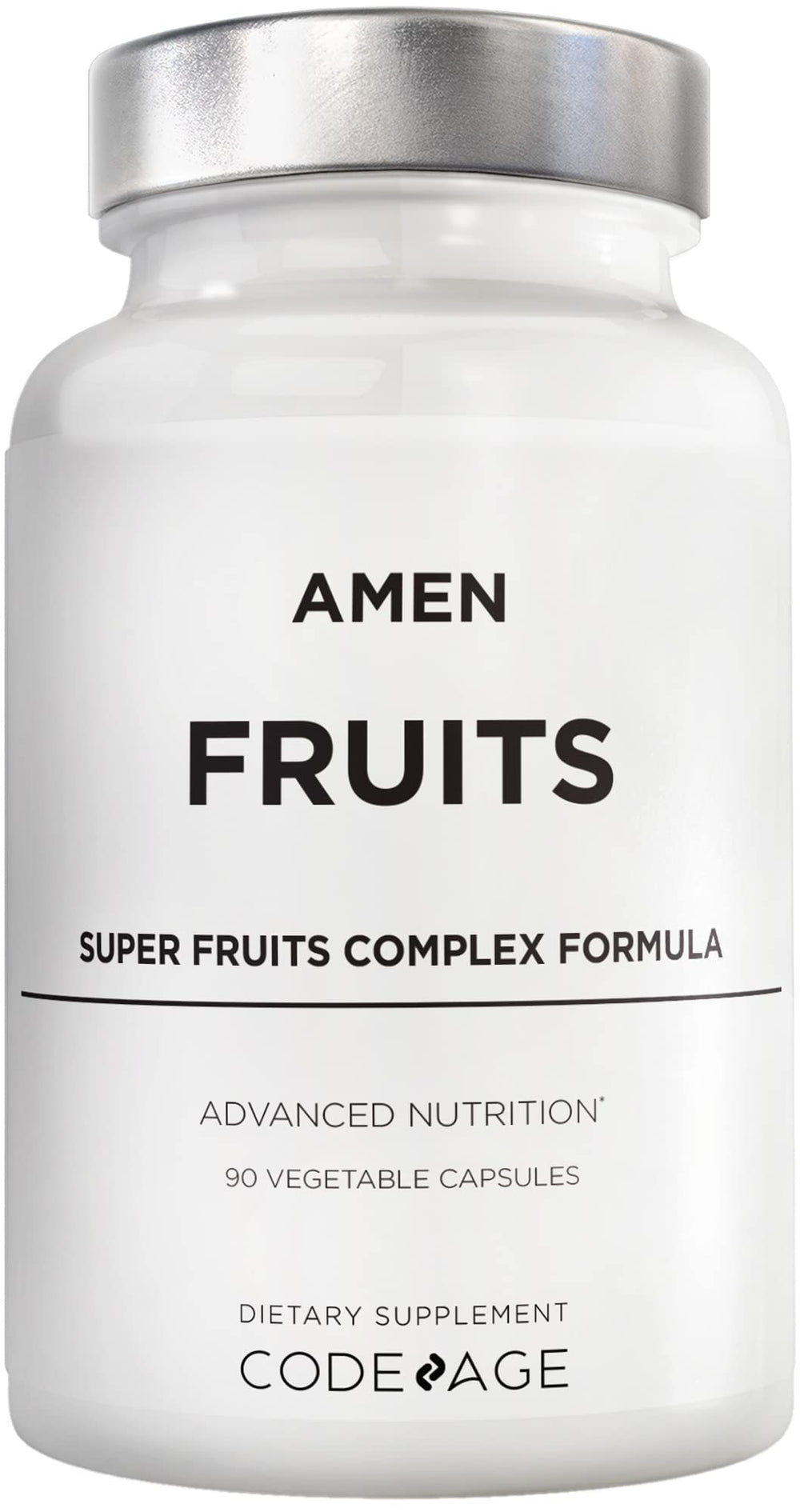 Amen Fruits capsules in a bottle promote convenient vegan daily multivitamin use.