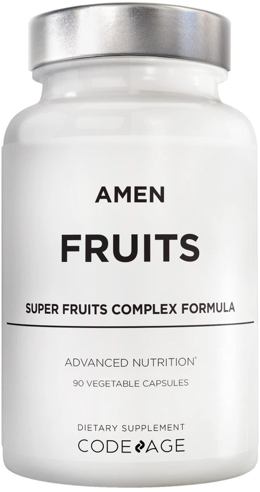 Amen Fruits capsules in a bottle promote convenient vegan daily multivitamin use.