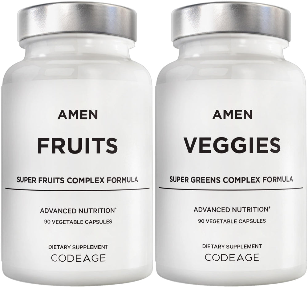 Amen Fruits Veggies bundle bottle shows daily multivitamin capsules for convenient nutrition.