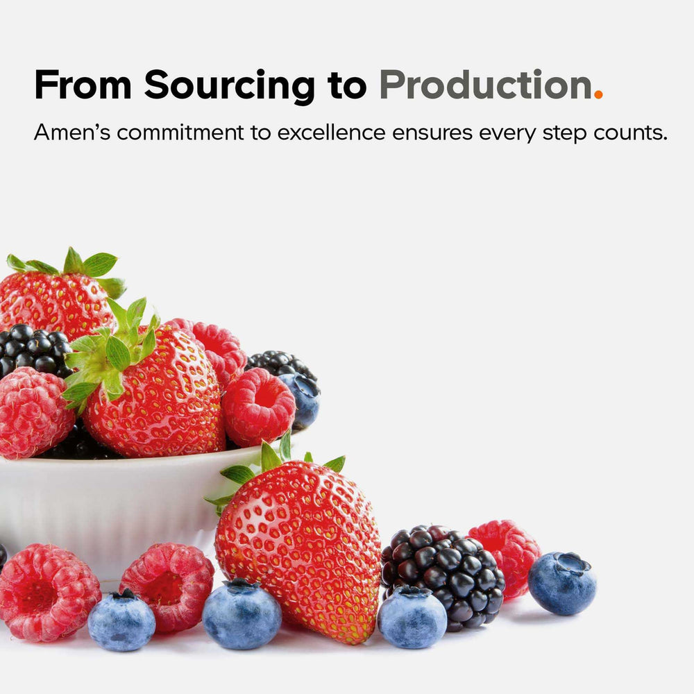 Amen Fruits Veggies label confirms gluten-free and dairy-free plant-based formula.