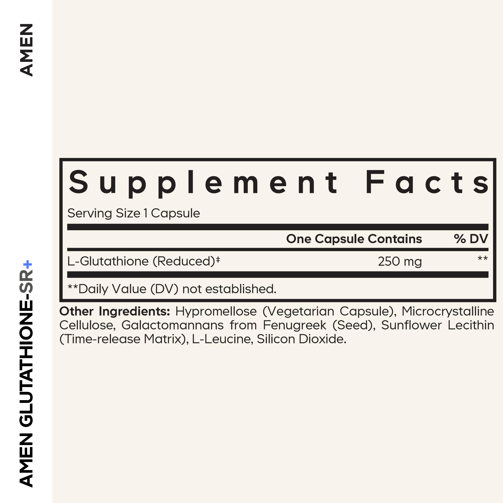 Amen Glutathione-SR+ bottle label close-up highlighting vegan and non-GMO attributes