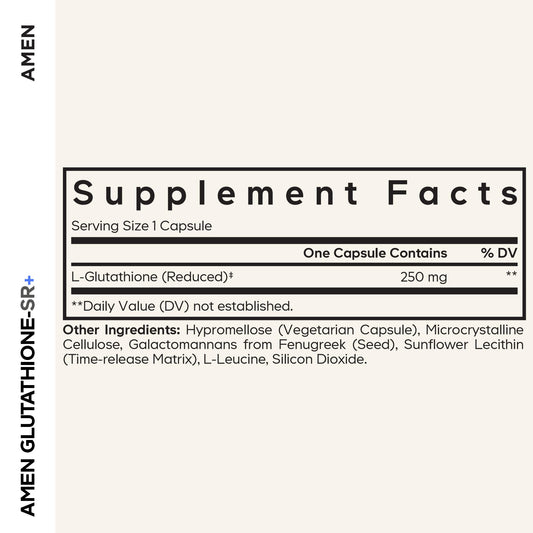 Amen Glutathione-SR+ bottle label close-up highlighting vegan and non-GMO attributes