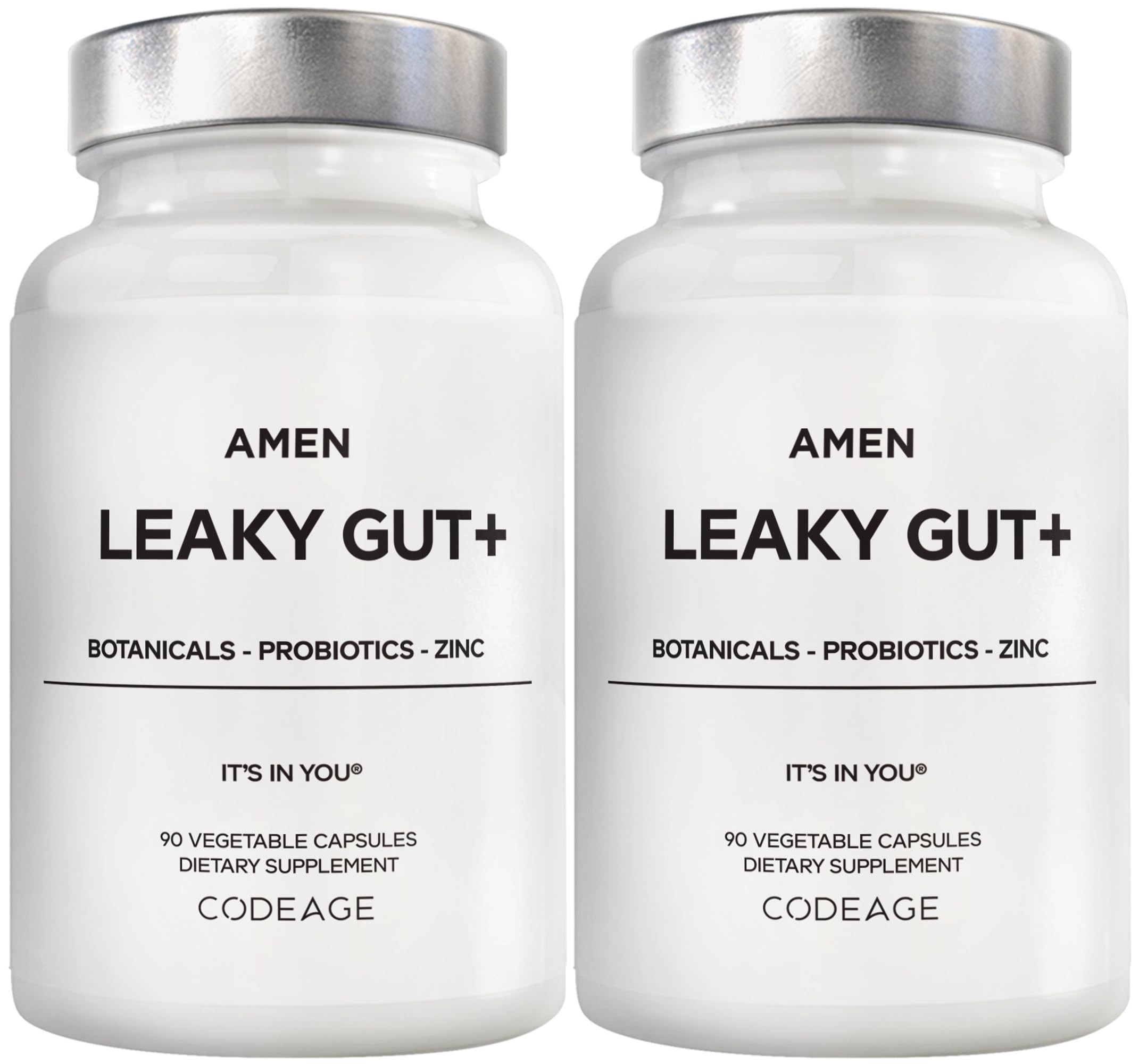 Amen Leaky Gut+ bottle with capsules for vegan gut support.