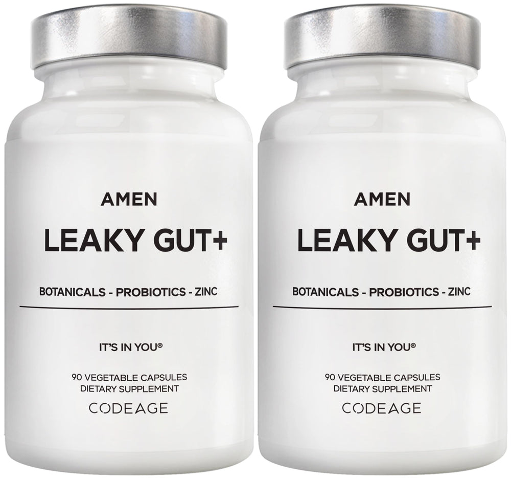 Amen Leaky Gut+ bottle with capsules for vegan gut support.
