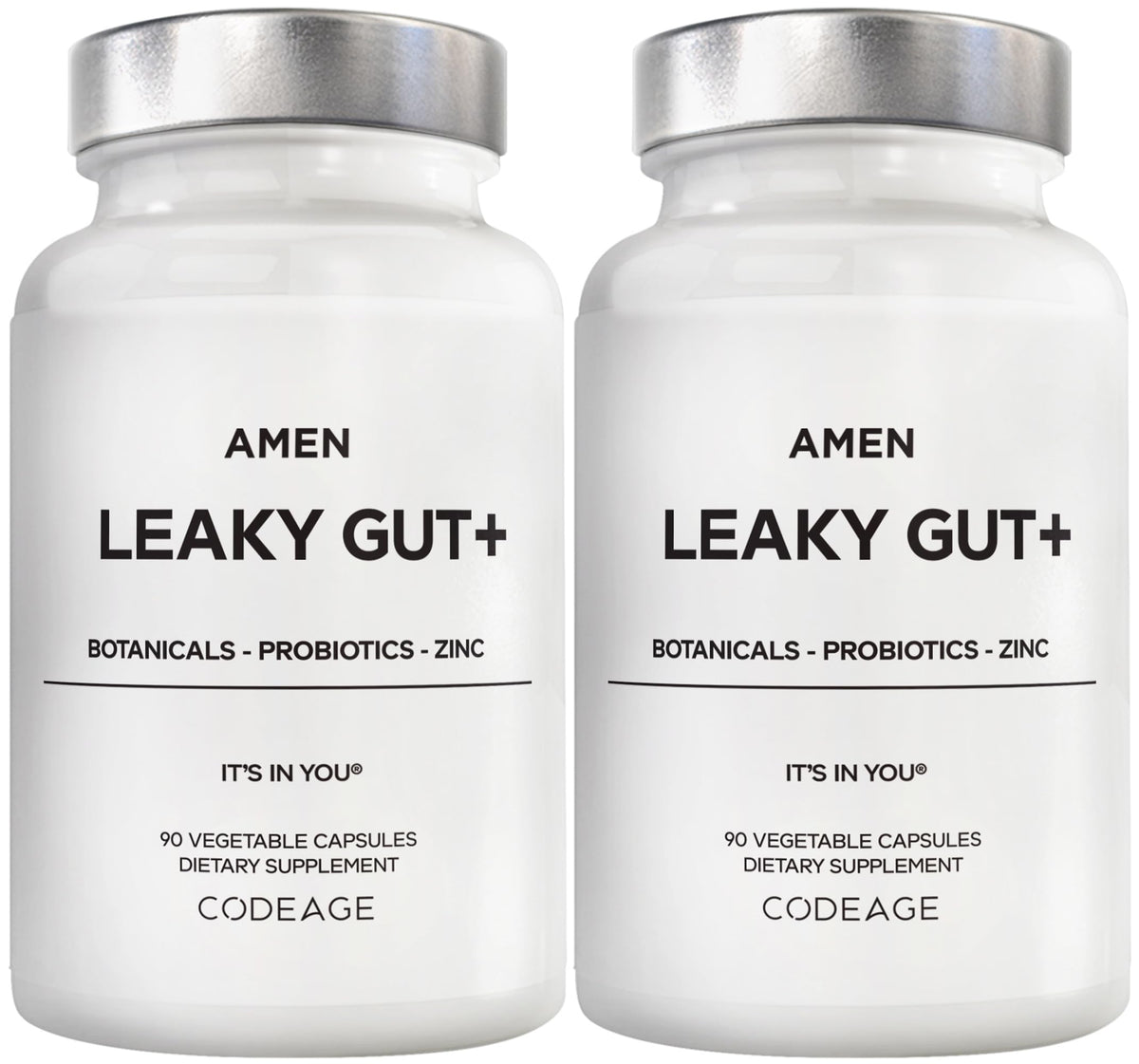 Amen Leaky Gut+ bottle with capsules for vegan gut support.