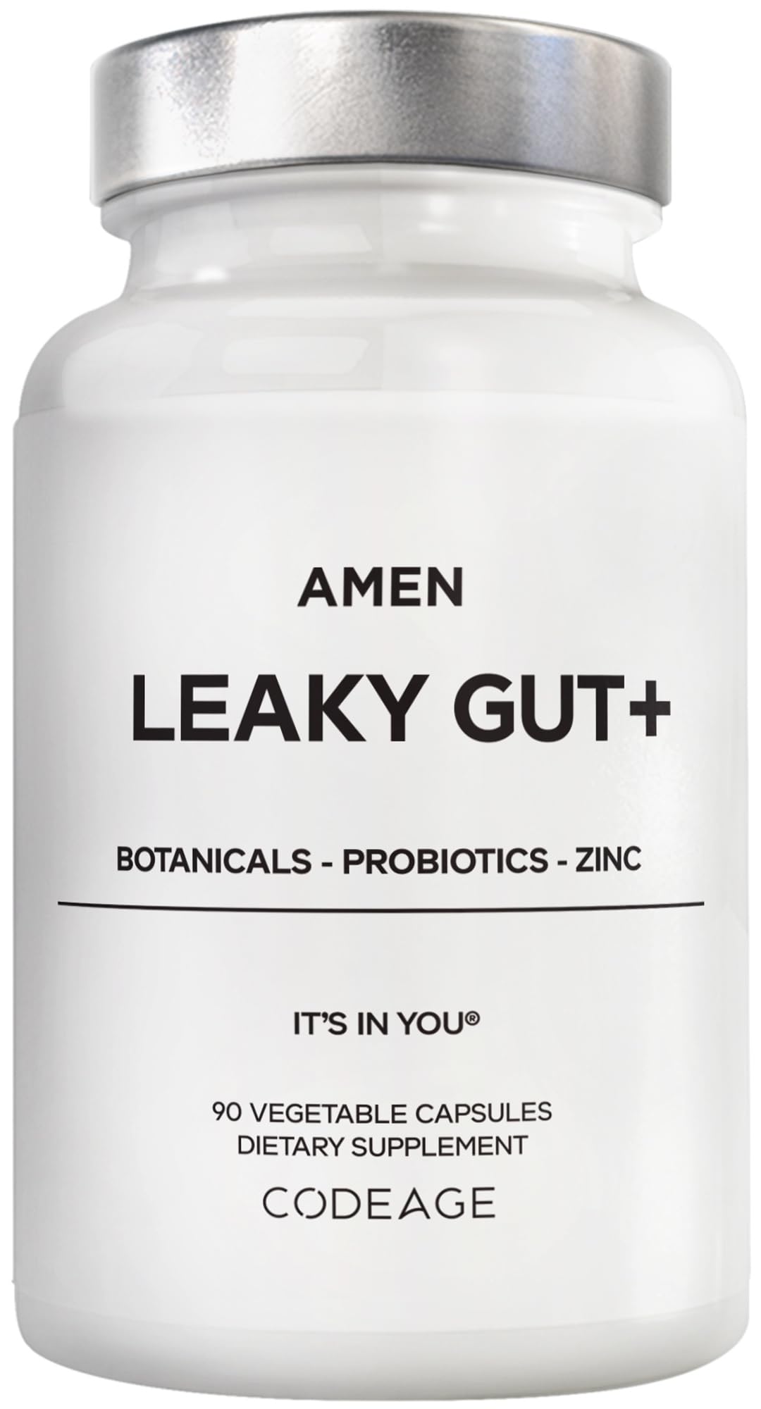 Amen Leaky Gut+ bottle and capsules for convenient daily support.