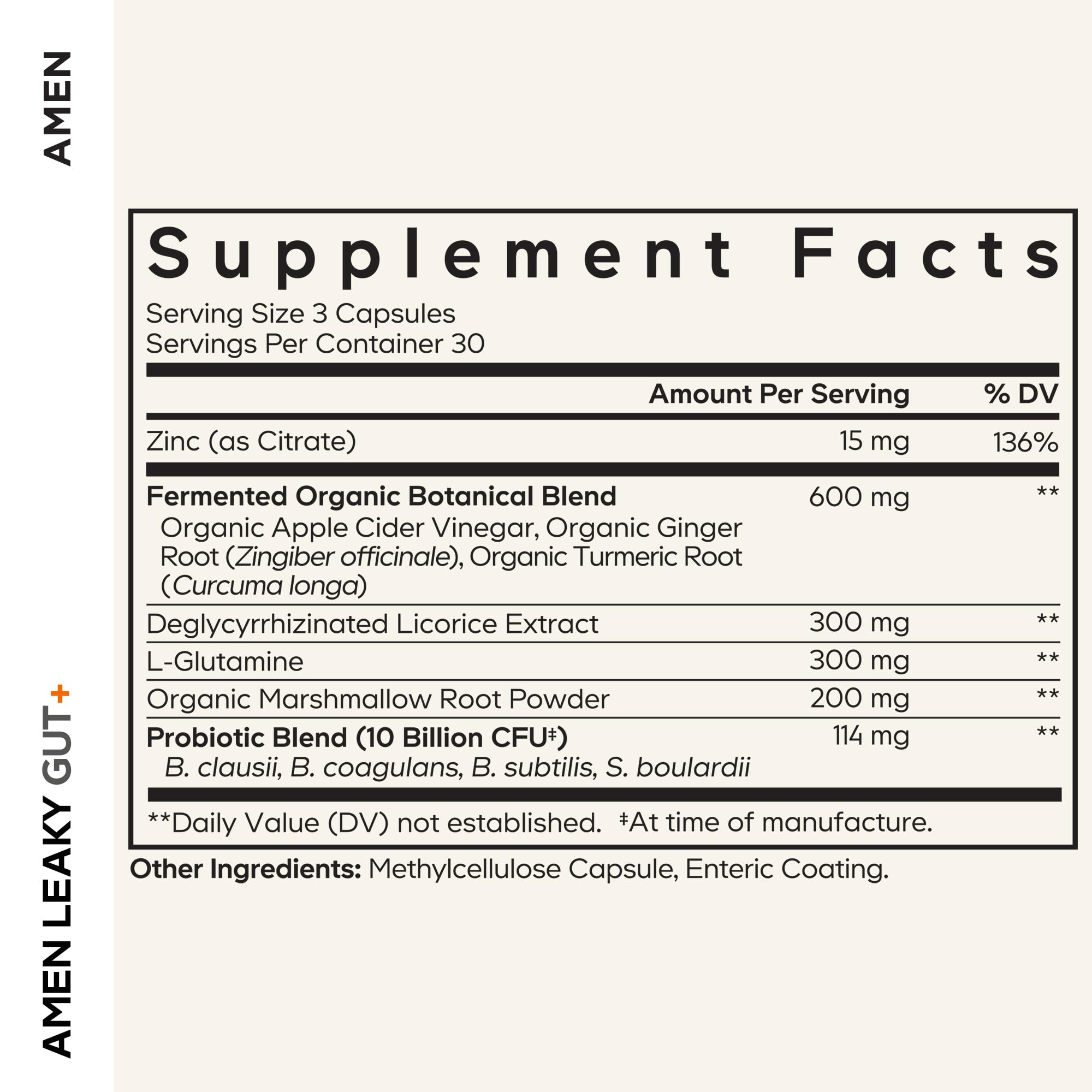 Close-up of Amen Leaky Gut+ capsules, vegan supplement.