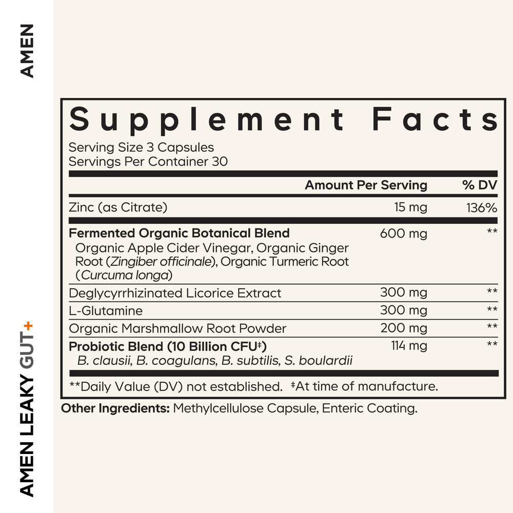 Close-up of Amen Leaky Gut+ capsules, vegan supplement.