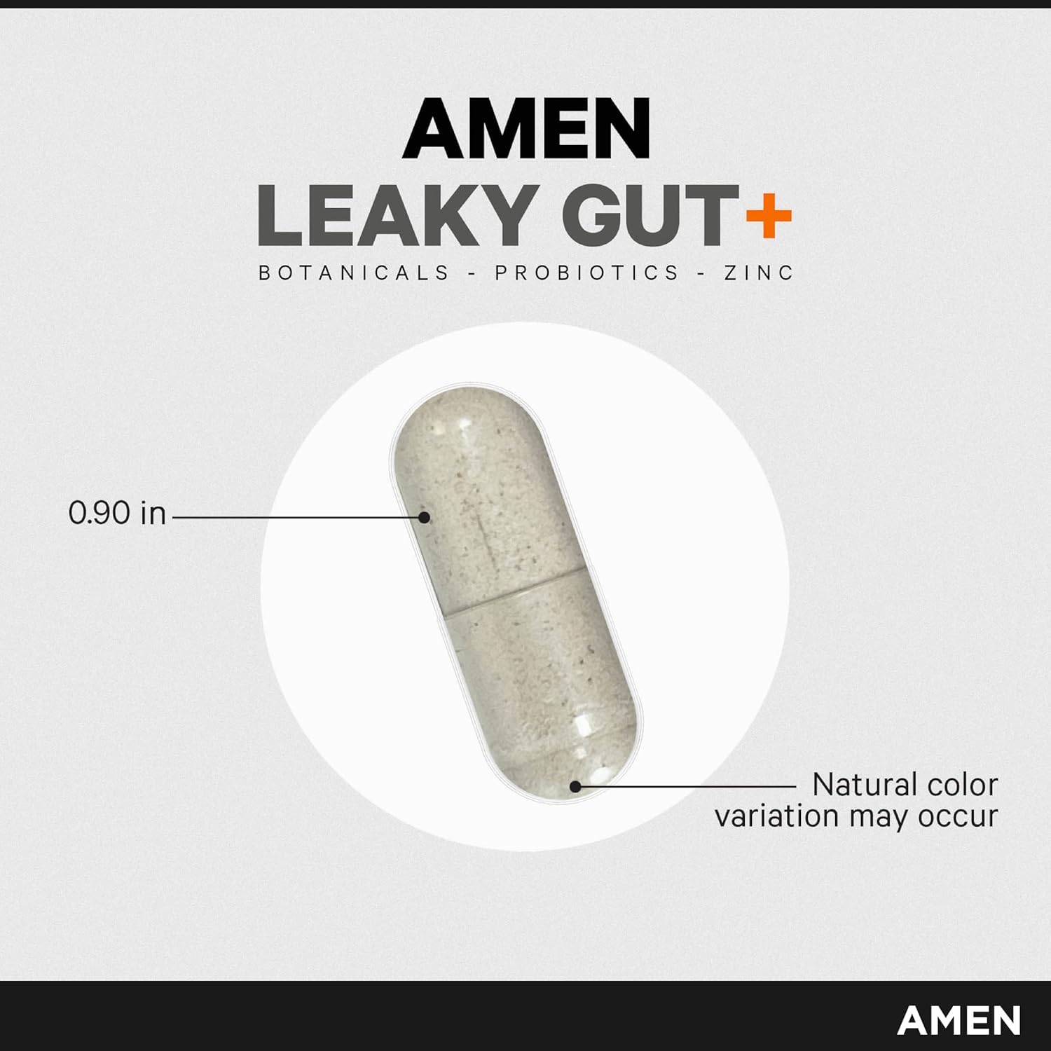 Amen Leaky Gut+ vegan, non-GMO formula with allergen-free packaging.