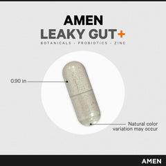 Amen Leaky Gut+ vegan, non-GMO formula with allergen-free packaging.