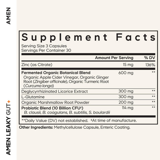 Amen Leaky Gut+ probiotic blend bottle highlights shelf-stable strains.