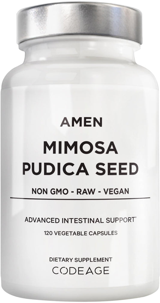 Amen Mimosa Pudica Seeds bottle with resealable cap for daily plant-based capsules.