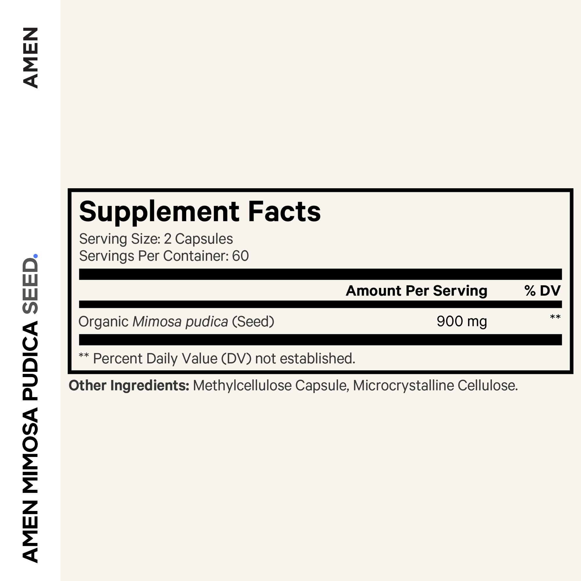 Amen Mimosa Pudica Seeds label shows vegan, non-GMO attributes for mindful shoppers.