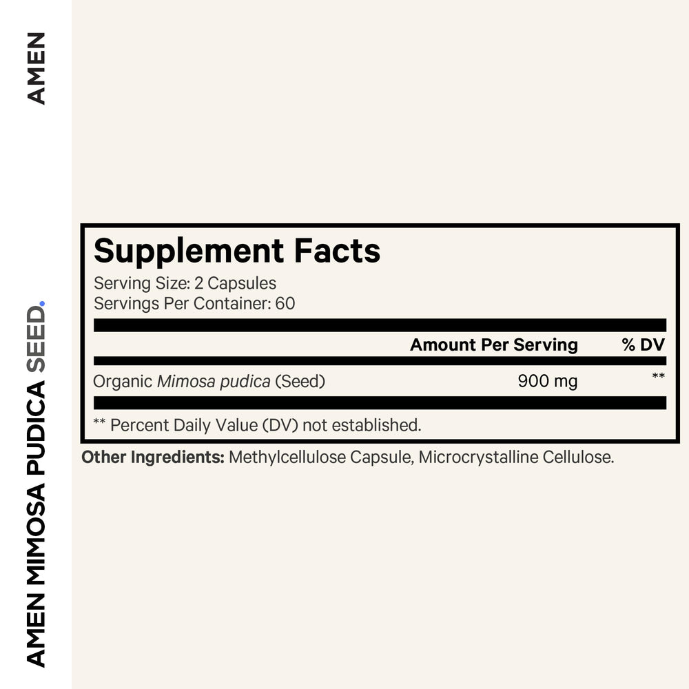 Amen Mimosa Pudica Seeds label shows vegan, non-GMO attributes for mindful shoppers.