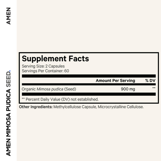 Amen Mimosa Pudica Seeds label shows vegan, non-GMO attributes for mindful shoppers.