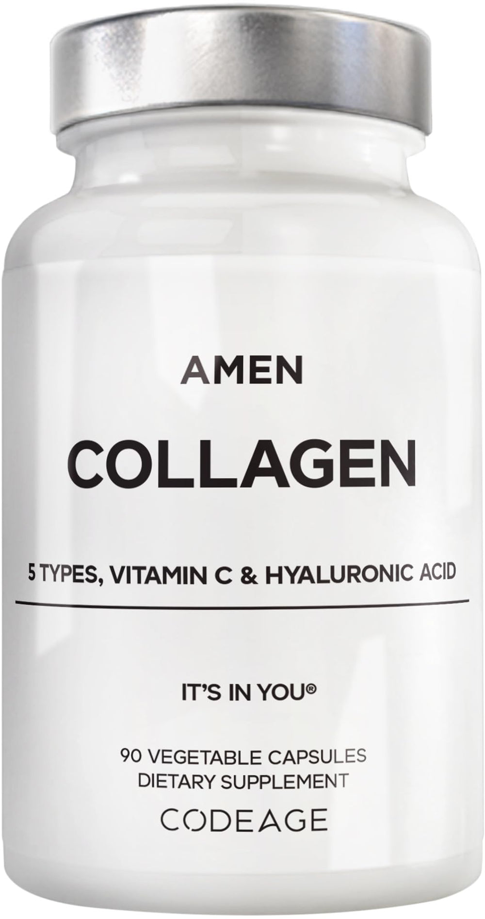 Amen Multi Collagen capsules bottle closeup, convenient daily supplement for overall wellness.