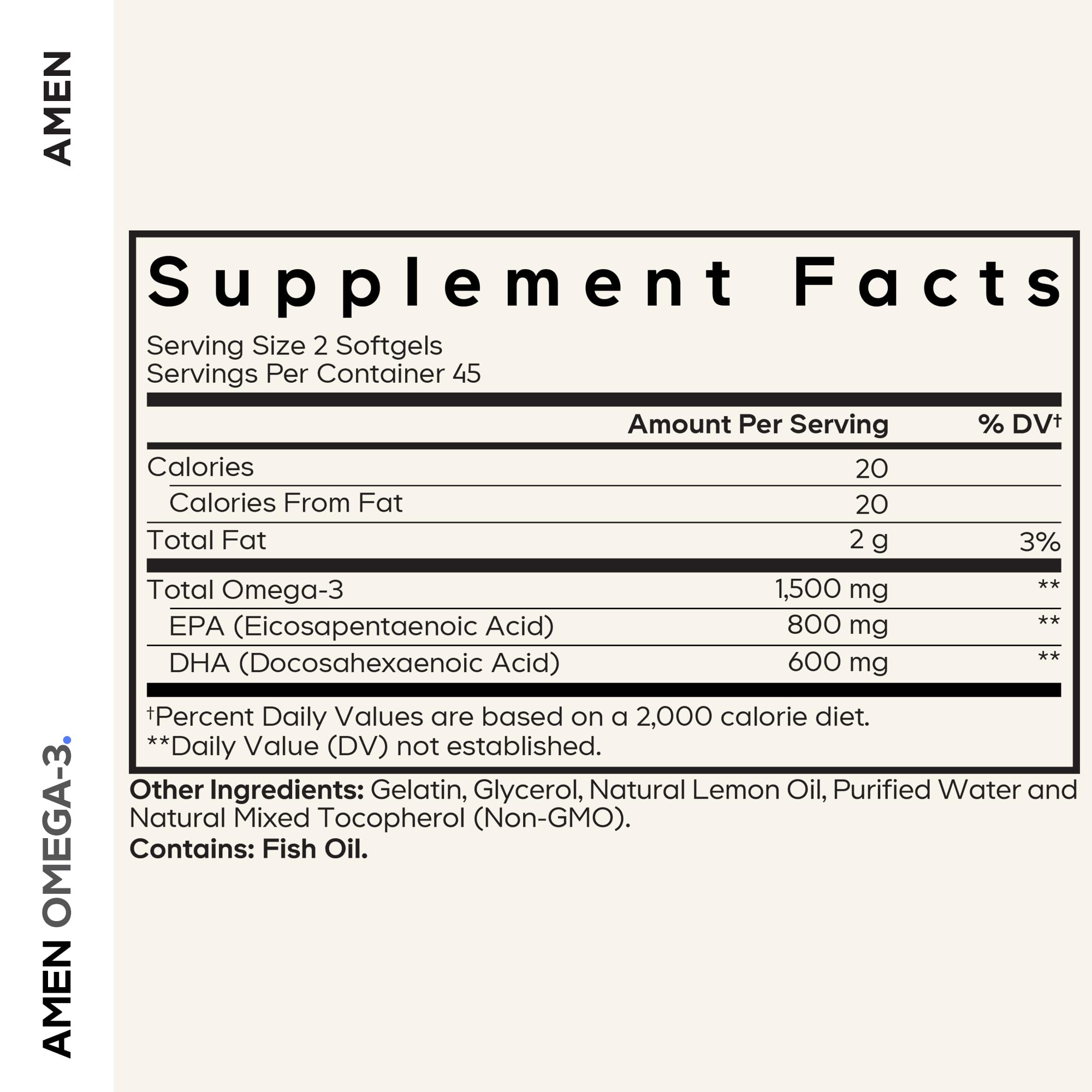Amen Omega-3 bottle label closeup showing quality ingredients and US-made origin.
