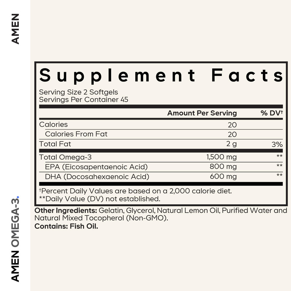 Amen Omega-3 bottle label closeup showing quality ingredients and US-made origin.