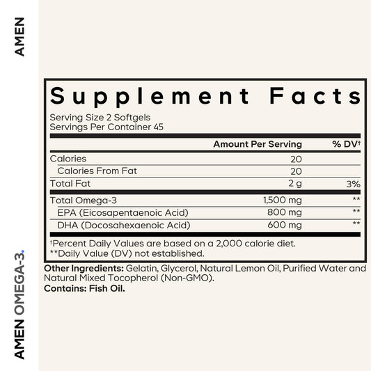 Amen Omega-3 bottle label closeup showing quality ingredients and US-made origin.