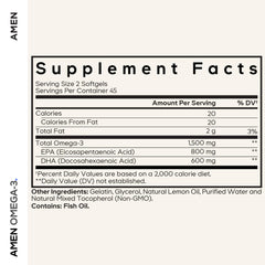Amen Omega-3 bottle label closeup showing quality ingredients and US-made origin.