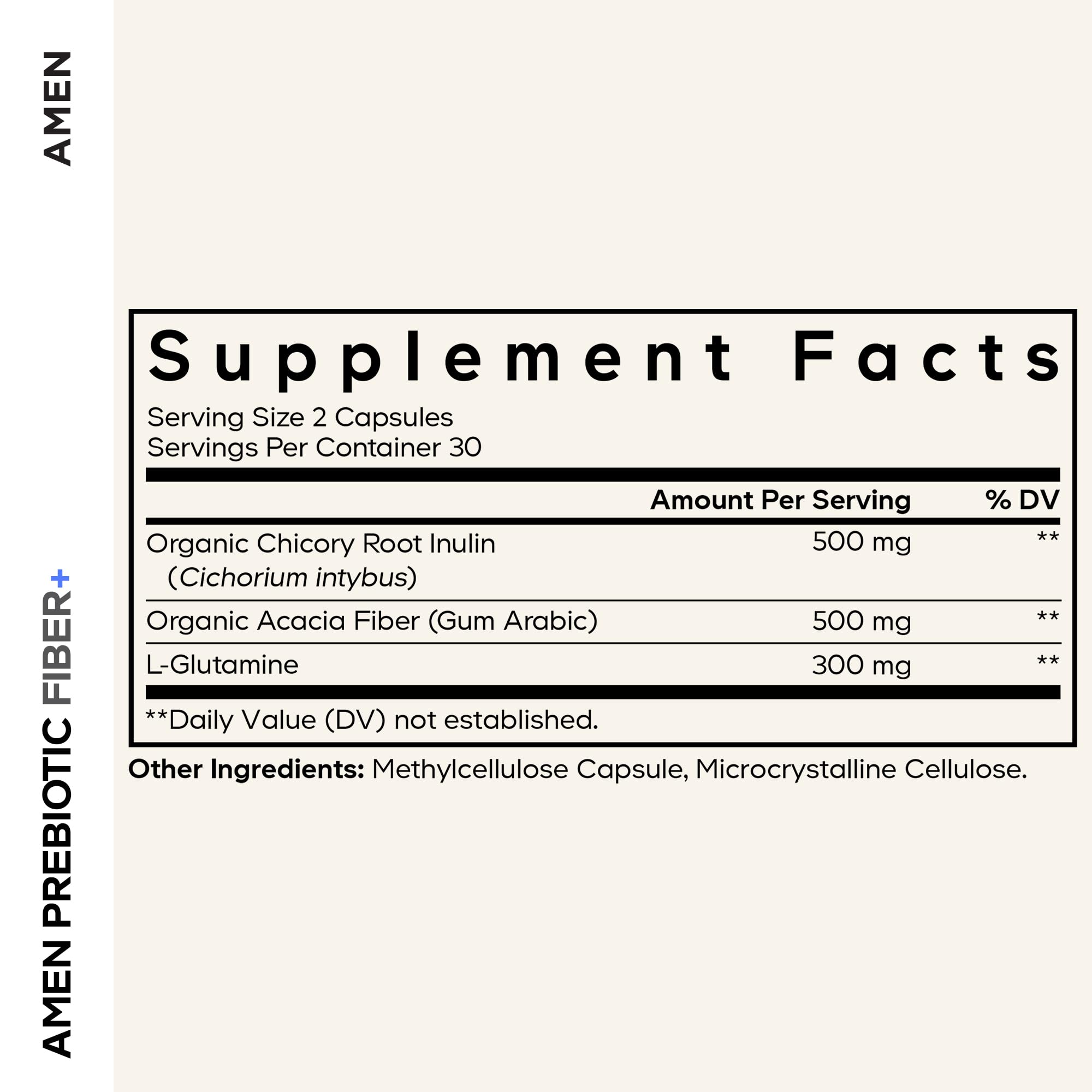 Amen Prebiotic Fiber capsules closeup highlighting easy-to-swallow vegan capsules.