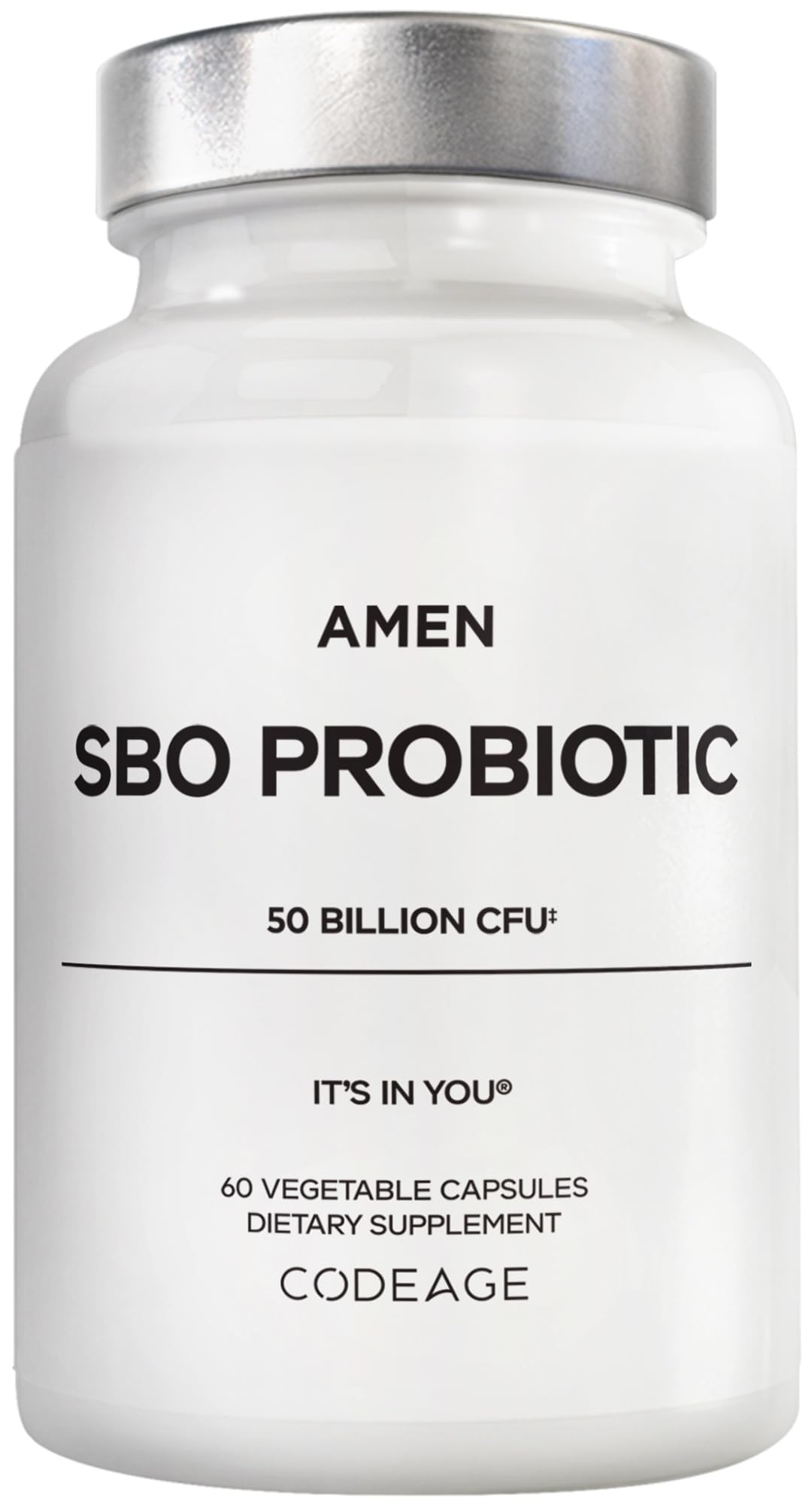 Amen SBO Probiotic bottle front with 50B CFUs for daily gut support.