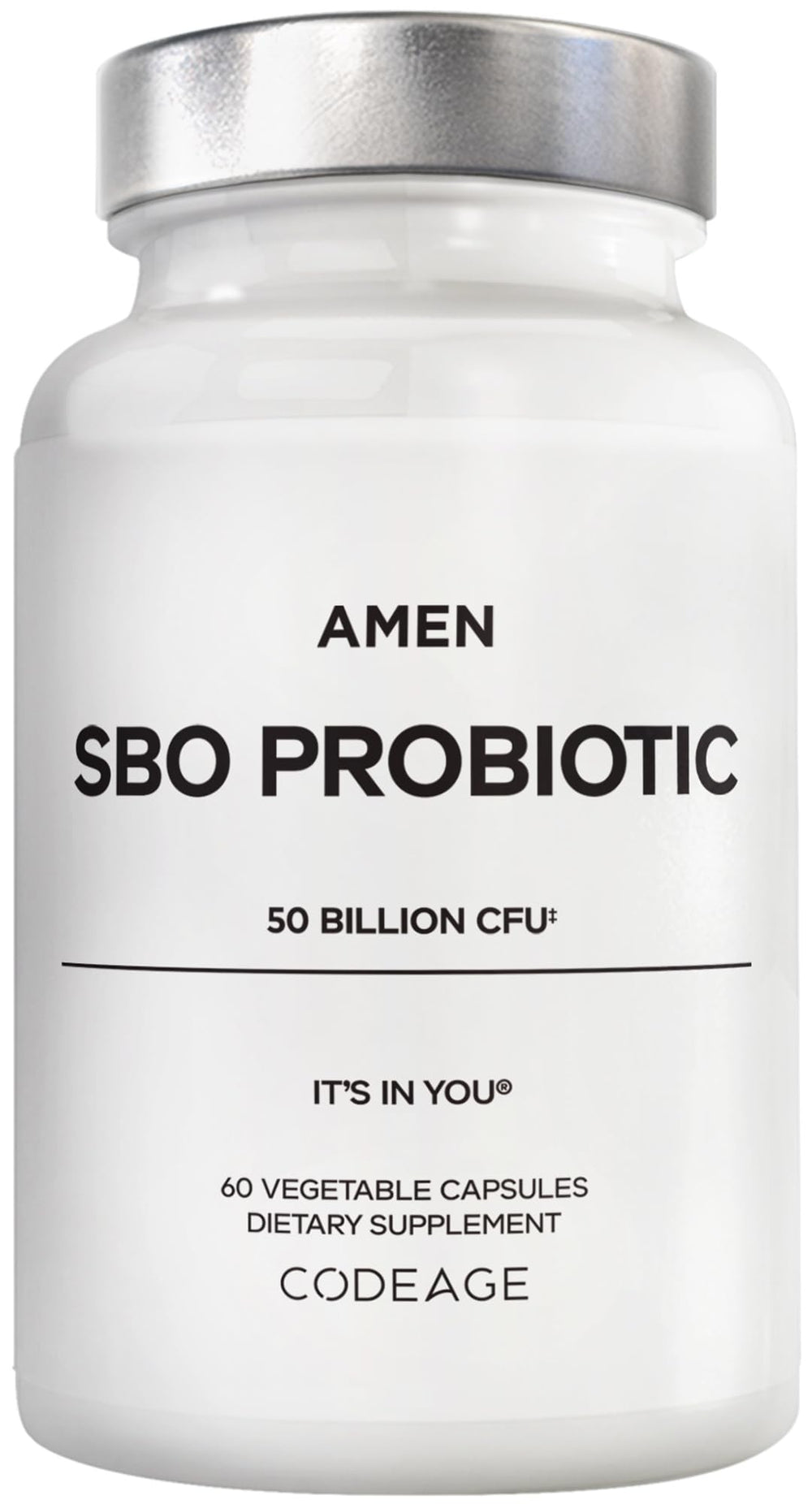 Amen SBO Probiotic bottle front with 50B CFUs for daily gut support.