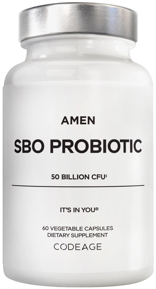 Amen SBO Probiotic bottle front with 50B CFUs for daily gut support.