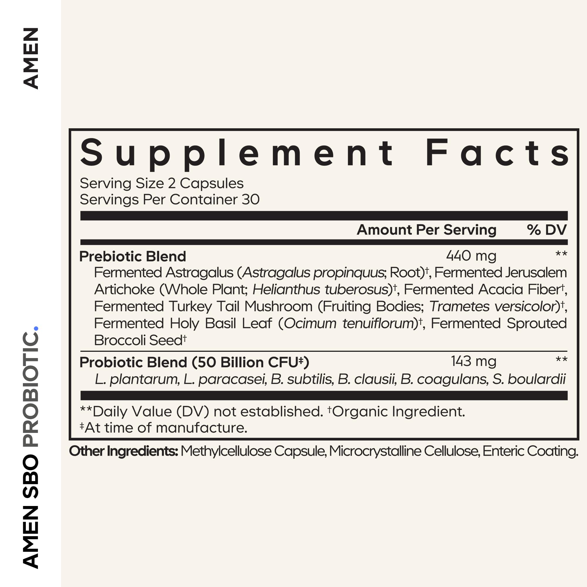 Amen SBO Probiotic capsules close-up showing six strains for gut diversity.