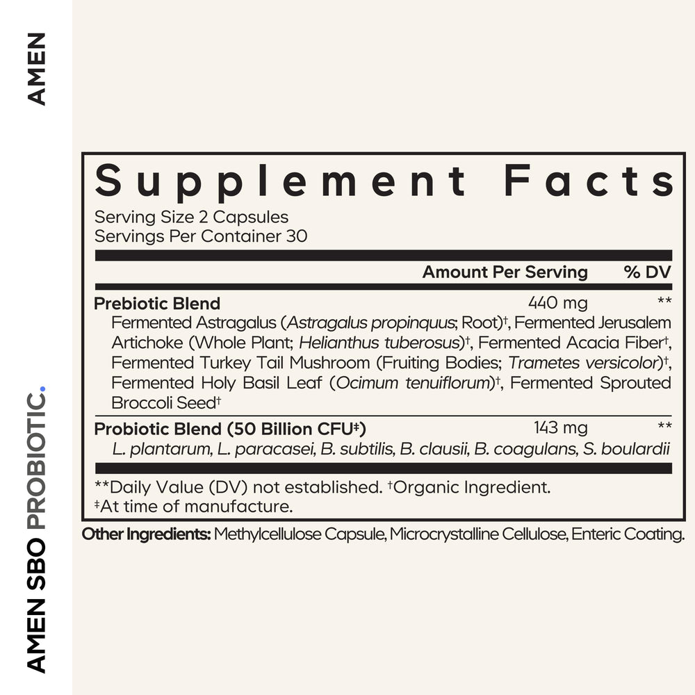 Amen SBO Probiotic capsules close-up showing six strains for gut diversity.