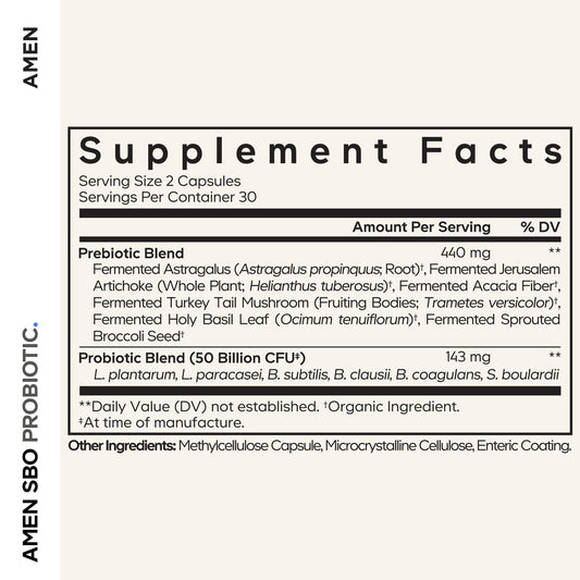 Amen SBO Probiotic capsules close-up showing six strains for gut diversity.
