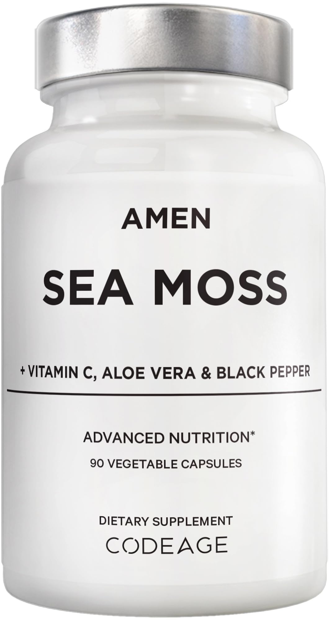 Amen Sea Moss supplement bottle showing a powerful 1000 mg blend for daily wellness