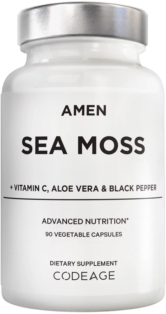 Amen Sea Moss supplement bottle showing a powerful 1000 mg blend for daily wellness