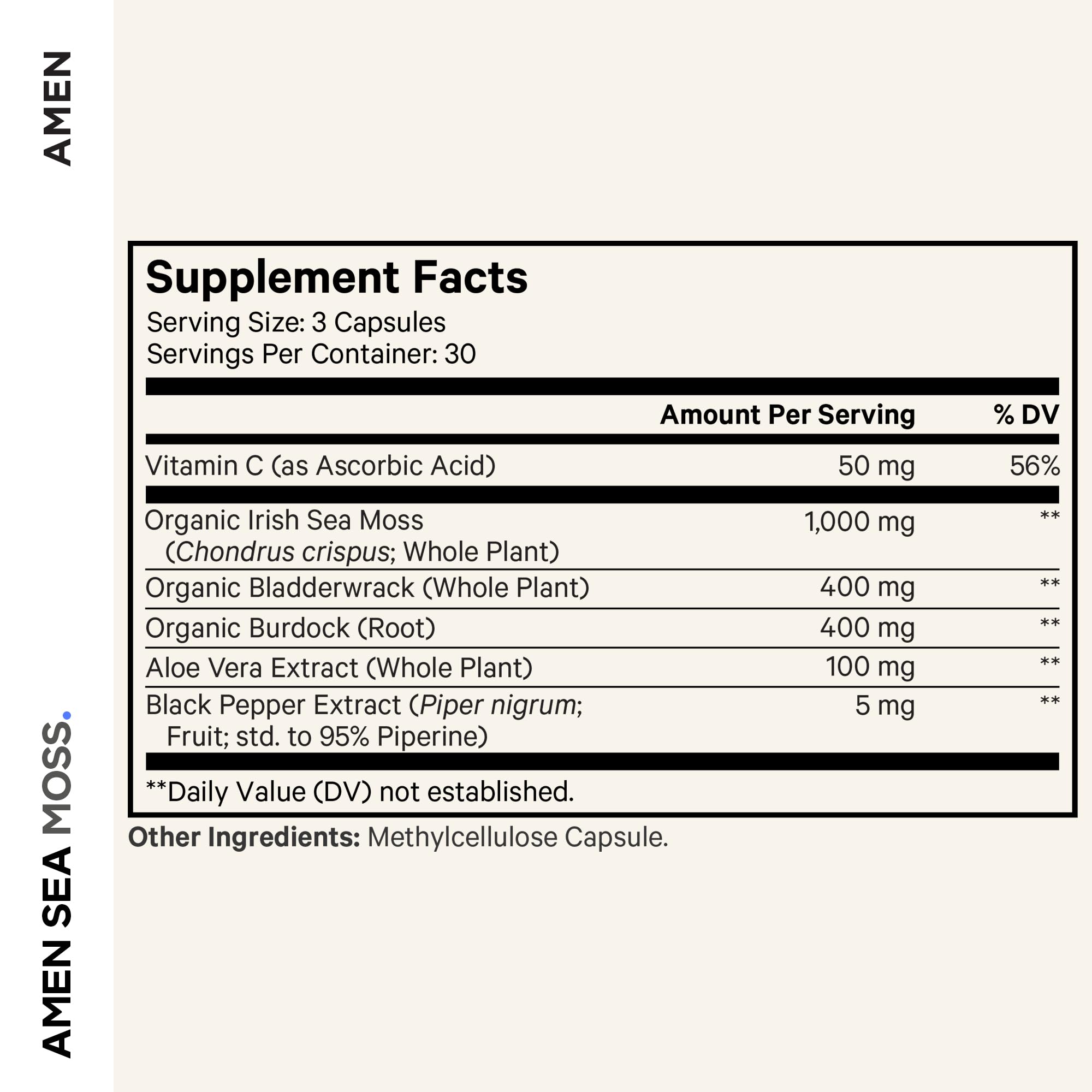 Amen Sea Moss capsules pack indicating plant-based, non-GMO formulation