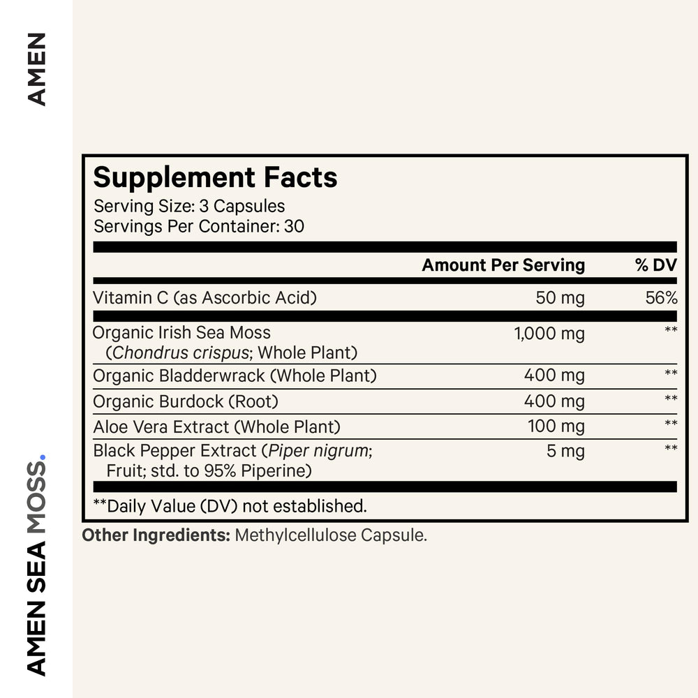 Amen Sea Moss capsules pack indicating plant-based, non-GMO formulation