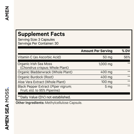 Amen Sea Moss capsules pack indicating plant-based, non-GMO formulation