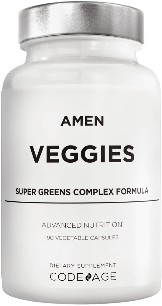 Amen Veggies capsules close-up shows convenient vegan greens boost