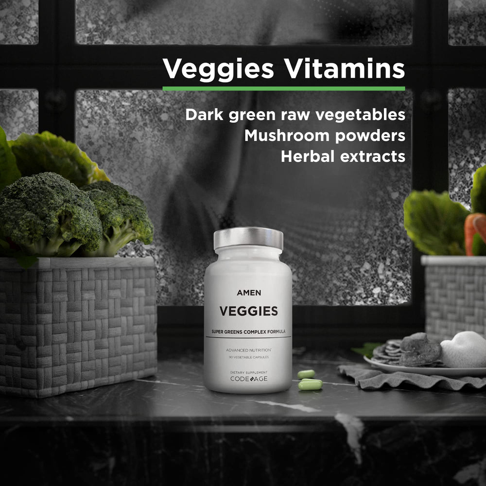 Amen Veggies raw vegetables blend close-up with spinach and spirulina