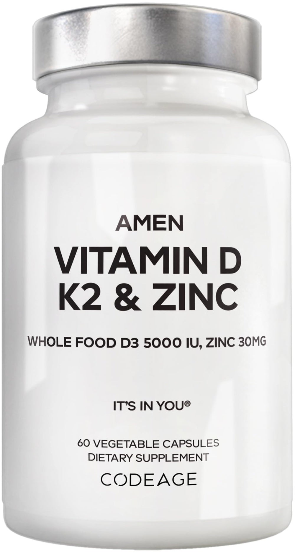 Amen Vitamin D3 K2 Zinc bottle label highlighting vegan D3 source for daily support.