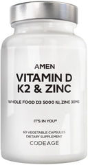 Amen Vitamin D3 K2 Zinc bottle label highlighting vegan D3 source for daily support.