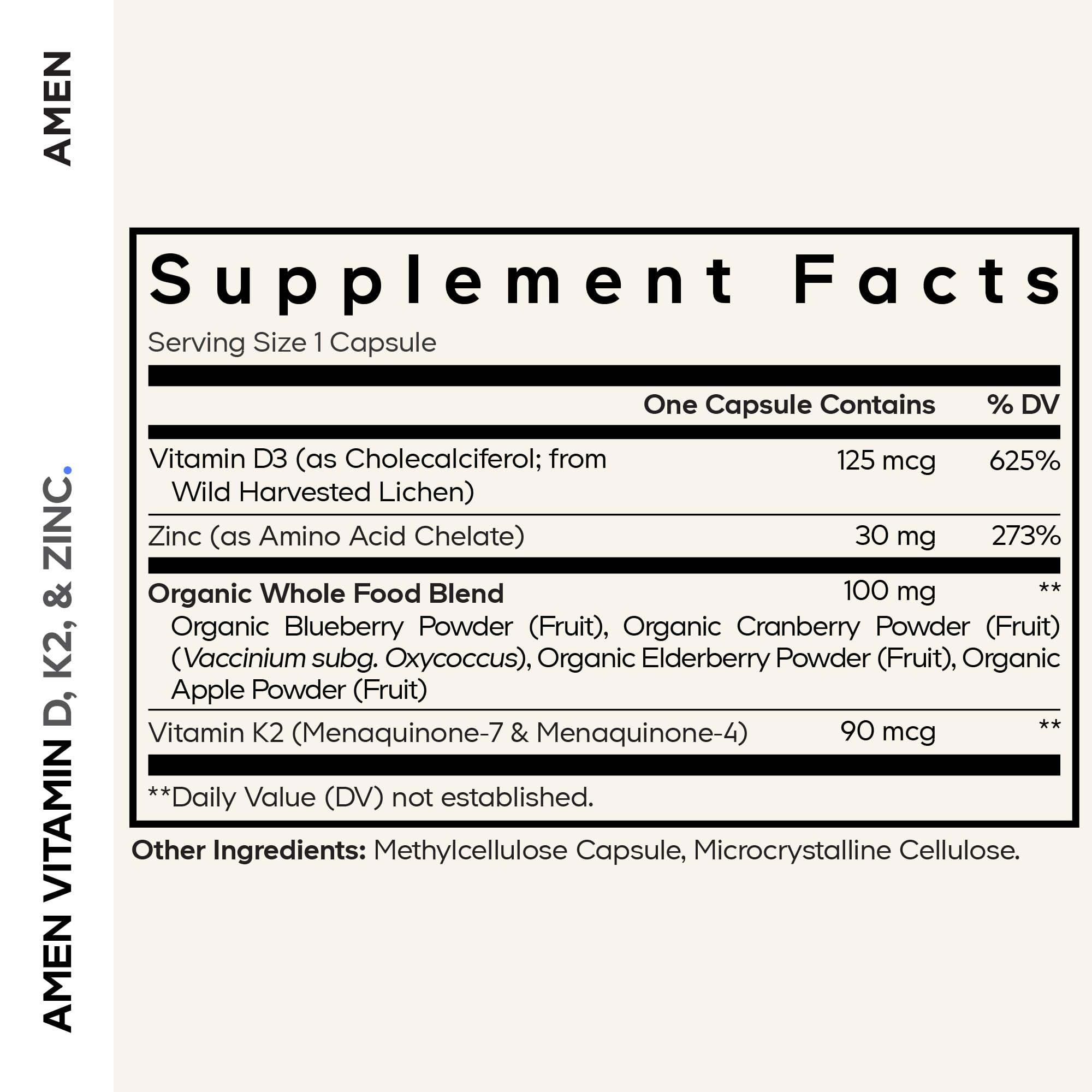Amen Vitamin D3 K2 Zinc capsules closeup showing 60-count vegan supplement.