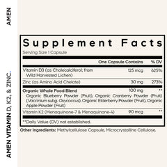Amen Vitamin D3 K2 Zinc capsules closeup showing 60-count vegan supplement.