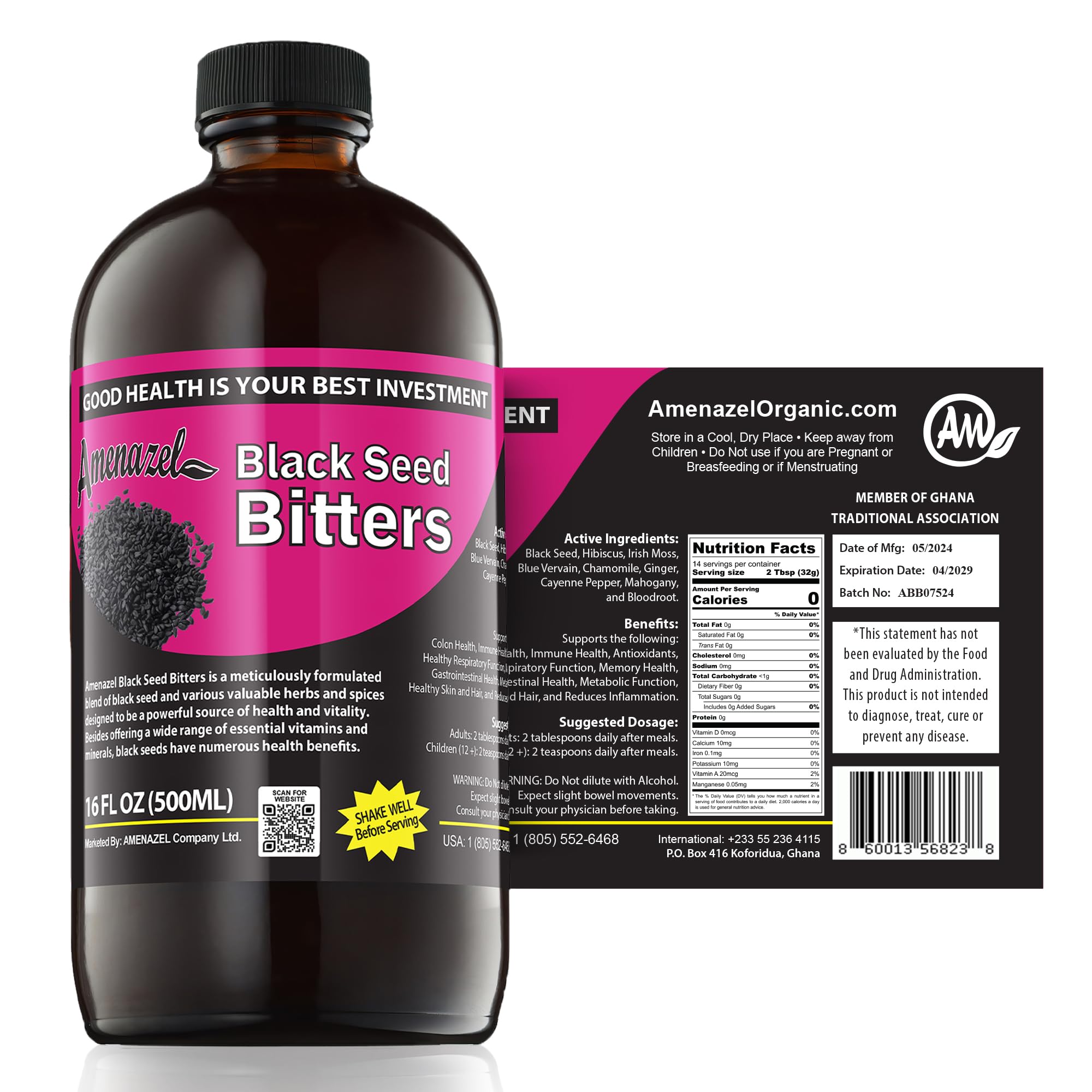 Amenazel Black Seed Bitters bottle pour for immune support and digestion.