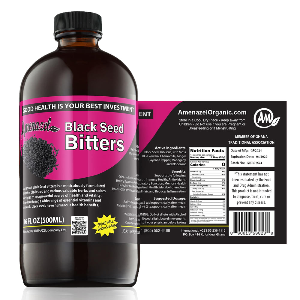 Amenazel Black Seed Bitters bottle pour for immune support and digestion.