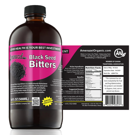 Amenazel Black Seed Bitters bottle pour for immune support and digestion.