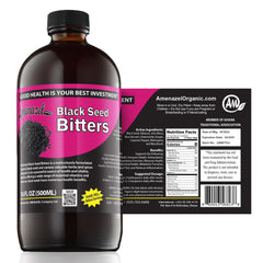 Amenazel Black Seed Bitters bottle pour for immune support and digestion.