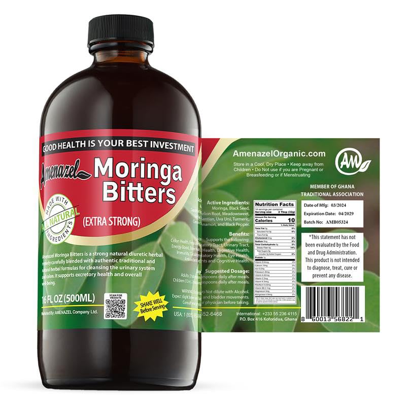 Amenazel Moringa Bitters bottle front view for natural digestive support.