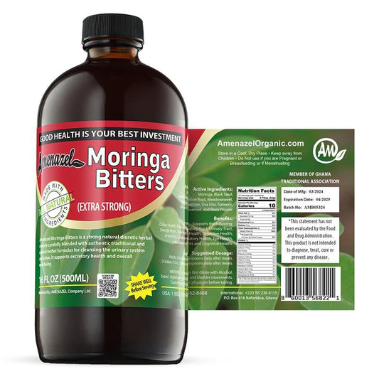 Amenazel Moringa Bitters bottle front view for natural digestive support.