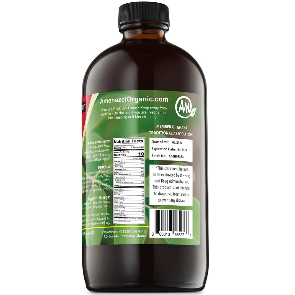 Amenazel Moringa Bitters bottle pour demonstrates convenient dosing for daily wellness.
